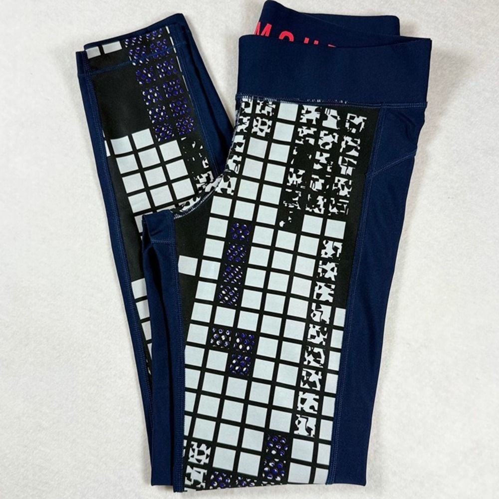 Under Armour HeatGear Compression Leggings Medium Navy Blue Geometric Grid Print - Picture 11 of 11